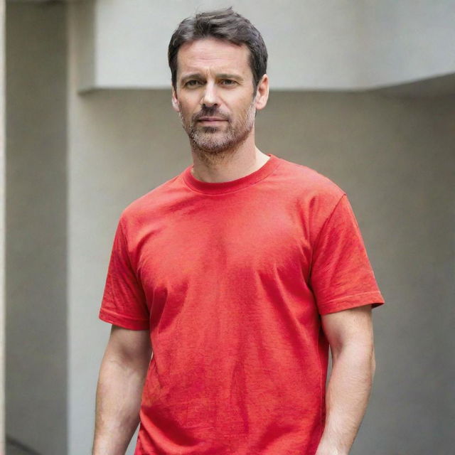 A man wearing a red t-shirt