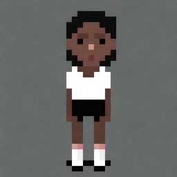 Draw a small girl with dark skin and black eyes, wearing a white shirt and slightly brown shorts, and having black hair