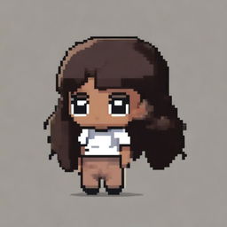 Draw a small, cute girl with dark skin, black eyes, a white shirt, light brown shorts, and black hair in 30x30 pixel art style