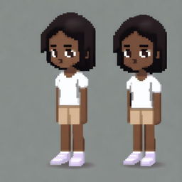 Draw a small, cute girl with dark skin, black eyes, a white shirt, light brown shorts, and black hair in 30x30 pixel art style