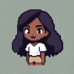 Draw a small, cute girl with dark skin, black eyes, a white shirt, light brown shorts, and black hair in 30x30 pixel art style