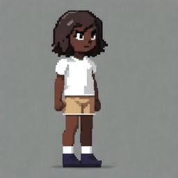 Draw a small, cute girl with dark skin, black eyes, a white shirt, light brown shorts, and black hair in 30x30 pixel art style