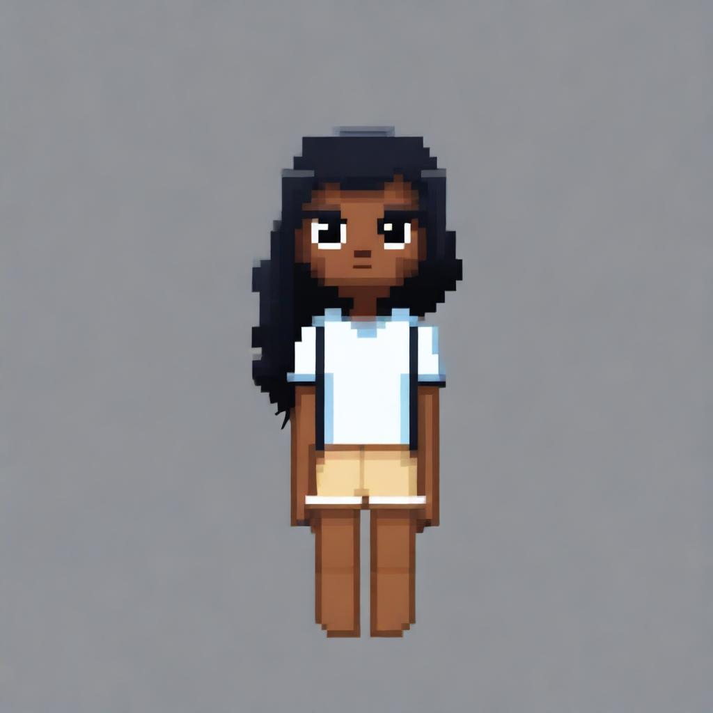 Draw a small, cute girl with dark skin, black eyes, a white shirt, light brown shorts, and black hair in a pixel art style with less than 30x30 pixels