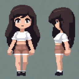 Draw a small, cute girl with dark skin, black eyes, a white shirt, light brown shorts, and black hair in a pixel art style with less than 30x30 pixels