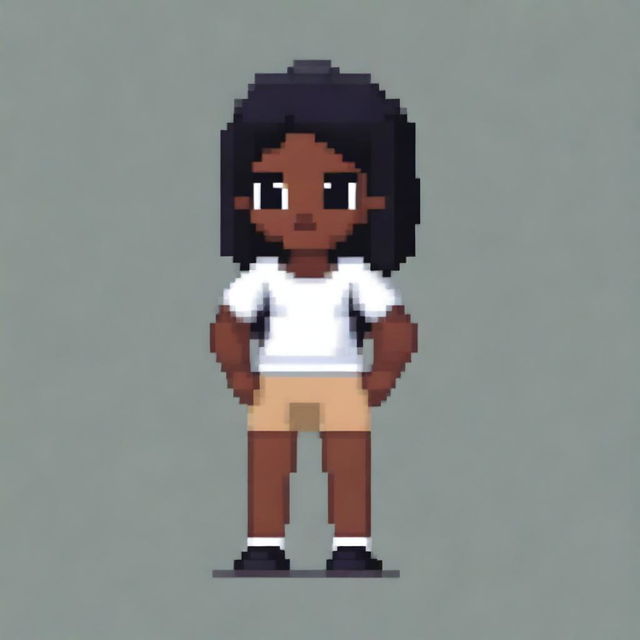 Draw a small, cute girl with dark skin, black eyes, a white shirt, light brown shorts, and black hair in a pixel art style with less than 30x30 pixels