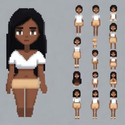 Draw a small, cute girl with dark skin, black eyes, a white shirt, light brown shorts, and black hair in a pixel art style with less than 30x30 pixels