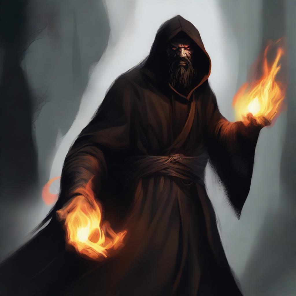 A brown orc man with long black hair and a black beard, wearing black robes with a hood