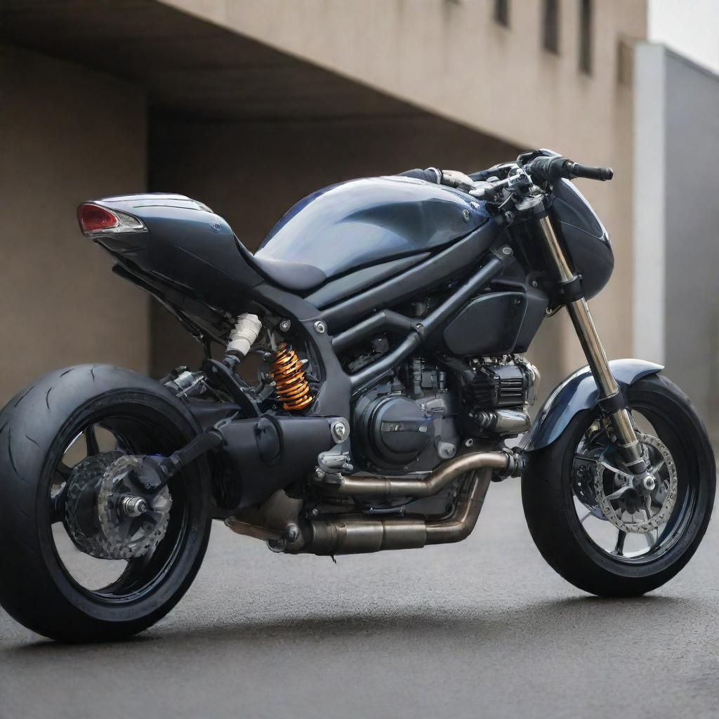 A motorcycle, previously ordinary-looking, now transformed into an ultra-cool, high-tech, souped-up machine.