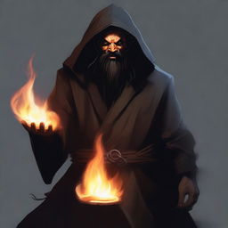 A brown orc man with long black hair and a black beard, wearing black robes with a hood