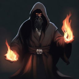 A brown orc man with long black hair and a black beard, wearing black robes with a hood