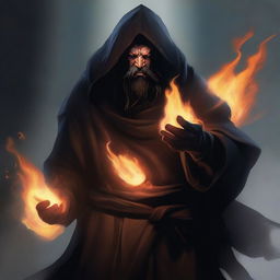 A brown orc man with long black hair and a black beard, wearing black robes with a hood