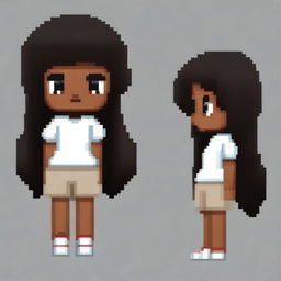 Draw a small, cute girl who looks more like a young child with dark skin, black eyes, a white shirt, light brown shorts, and black hair in a pixel art style with less than 30x30 pixels