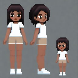 Draw a small, cute girl who looks more like a young child with dark skin, black eyes, a white shirt, light brown shorts, and black hair in a pixel art style with less than 30x30 pixels