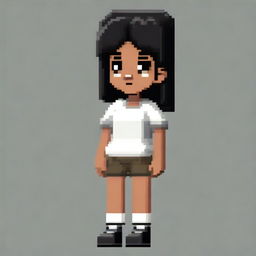 Draw a small, cute girl who looks more like a young child with dark skin, black eyes, a white shirt, light brown shorts, and black hair in a pixel art style with less than 30x30 pixels