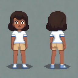 Draw a small, cute girl who looks more like a young child with dark skin, black eyes, a white shirt, light brown shorts, and black hair in a pixel art style with less than 30x30 pixels