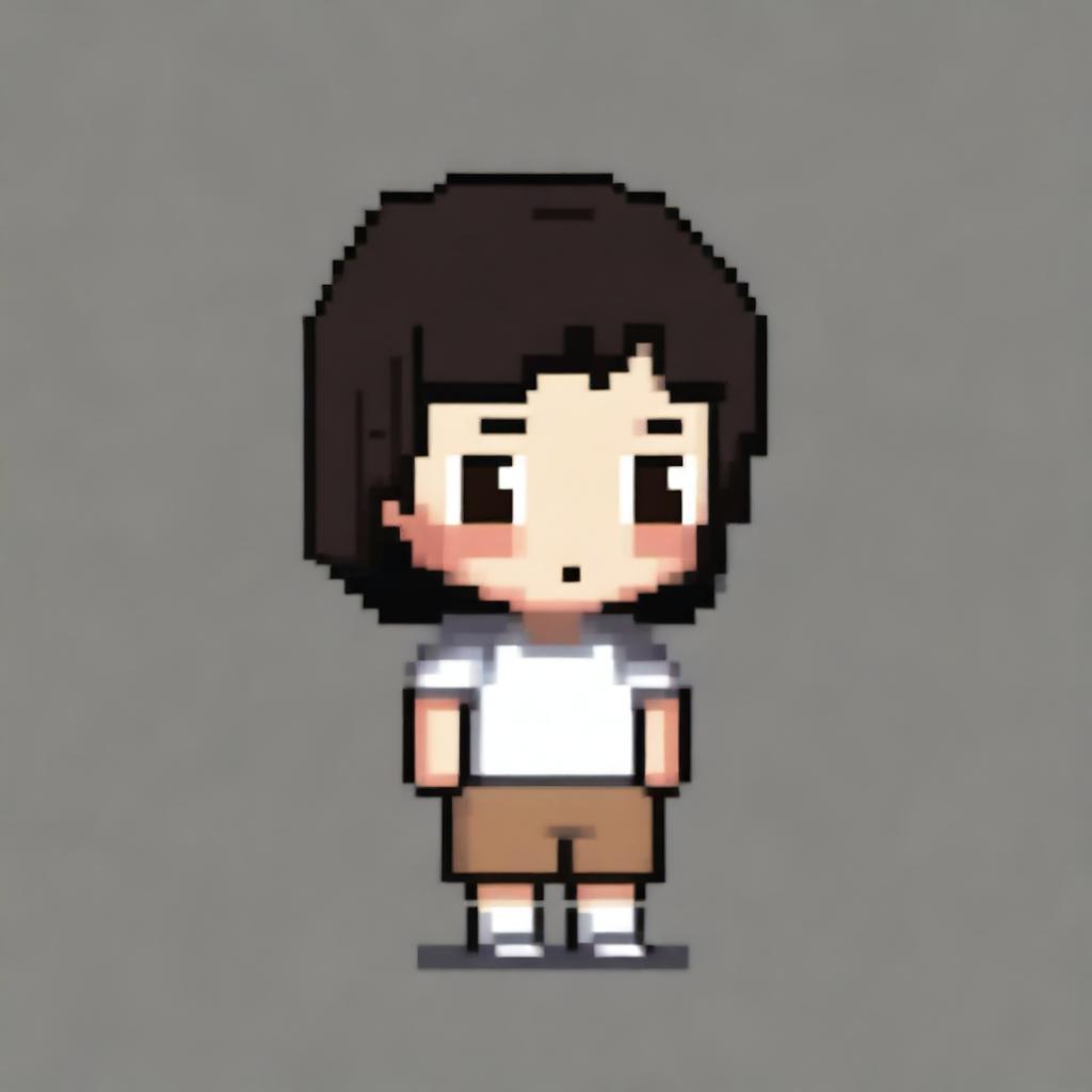 Draw a small, cute girl who looks more like a young child with dark skin, black eyes, a white shirt, light brown shorts, and black hair in a very simple pixel art style with significantly less than 30x30 pixels