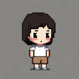 Draw a small, cute girl who looks more like a young child with dark skin, black eyes, a white shirt, light brown shorts, and black hair in a very simple pixel art style with significantly less than 30x30 pixels