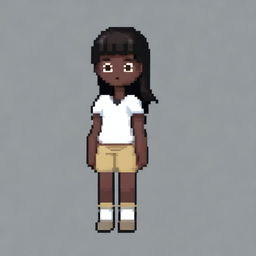 Draw a small, cute girl who looks more like a young child with dark skin, black eyes, a white shirt, light brown shorts, and black hair in a very simple pixel art style with significantly less than 30x30 pixels