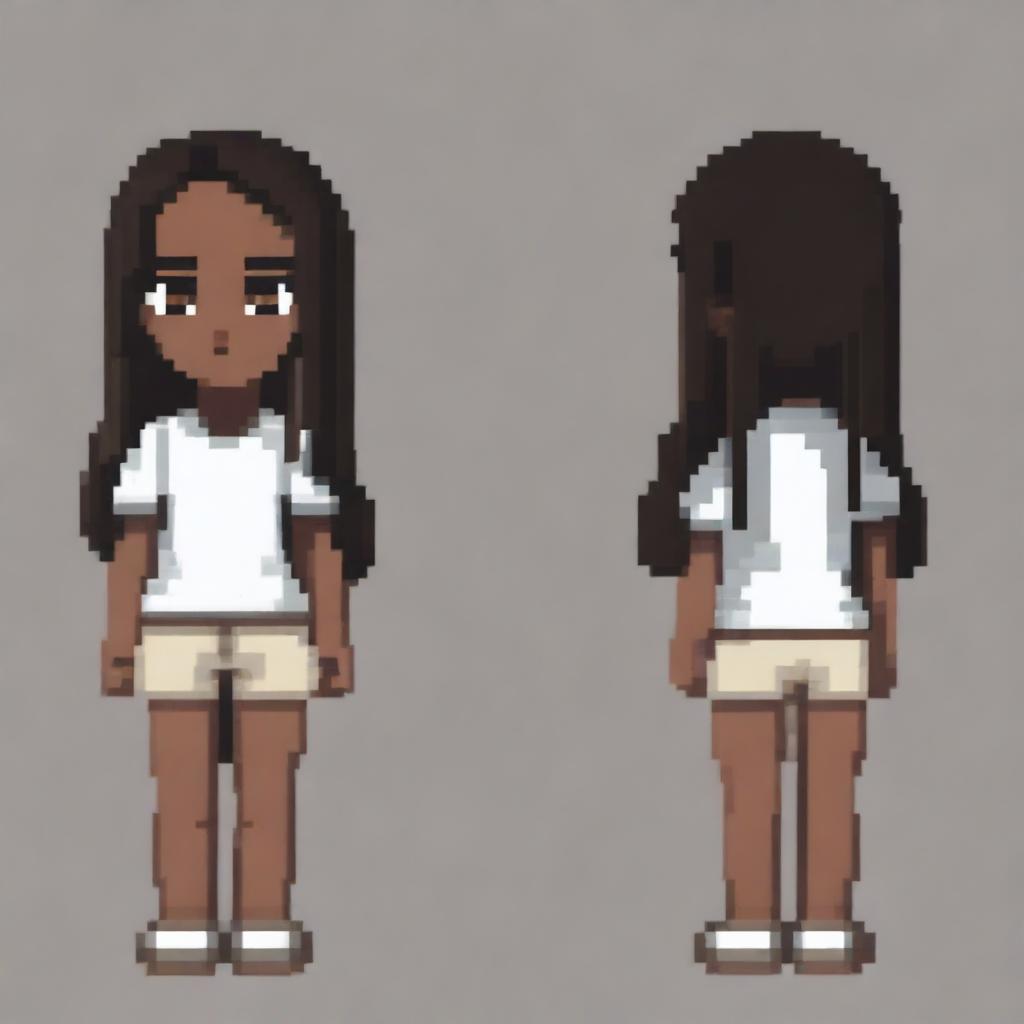 Draw a small, cute girl who looks more like a young child with dark skin, black eyes, a white shirt, light brown shorts, and black hair in a very simple pixel art style with significantly less than 30x30 pixels