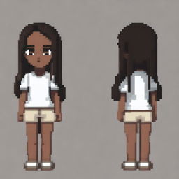 Draw a small, cute girl who looks more like a young child with dark skin, black eyes, a white shirt, light brown shorts, and black hair in a very simple pixel art style with significantly less than 30x30 pixels