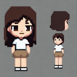 Draw a small, cute girl who looks more like a young child with dark skin, black eyes, a white shirt, light brown shorts, and black hair in a very simple pixel art style with significantly less than 30x30 pixels