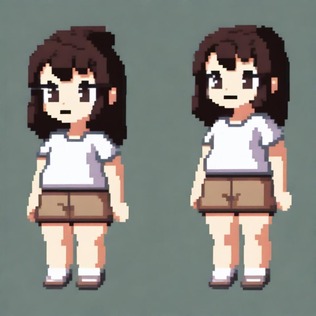 Draw a small, cute girl who looks more like a young child with dark skin, black eyes, a white shirt that is lifted above her belly, light brown shorts, and black hair in a very simple pixel art style with significantly less than 30x30 pixels