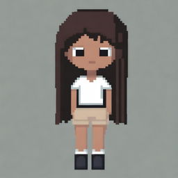 Draw a small, cute girl who looks more like a young child with dark skin, black eyes, a white shirt that is lifted above her belly, light brown shorts, and black hair in a very simple pixel art style with significantly less than 30x30 pixels