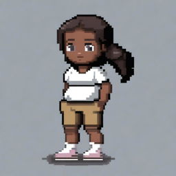 Draw a small, cute girl who looks more like a young child with dark skin, black eyes, a white shirt that is lifted above her belly, light brown shorts, and black hair in a very simple pixel art style with significantly less than 30x30 pixels