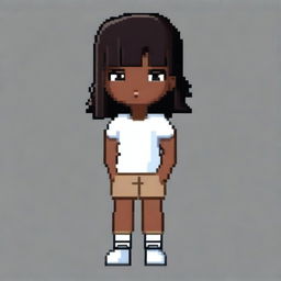 Draw a small, cute girl who looks more like a young child with dark skin, black eyes, a white shirt that is lifted above her belly, light brown shorts, and black hair in a very simple pixel art style with significantly less than 30x30 pixels