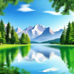 Create an image featuring a beautiful landscape with a serene lake, surrounded by lush trees and mountains in the background under a clear blue sky