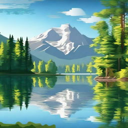 Create an image featuring a beautiful landscape with a serene lake, surrounded by lush trees and mountains in the background under a clear blue sky