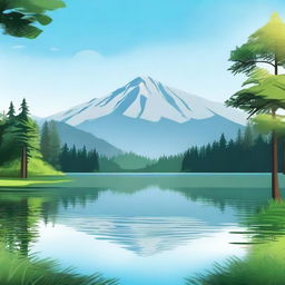 Create an image featuring a beautiful landscape with a serene lake, surrounded by lush trees and mountains in the background under a clear blue sky