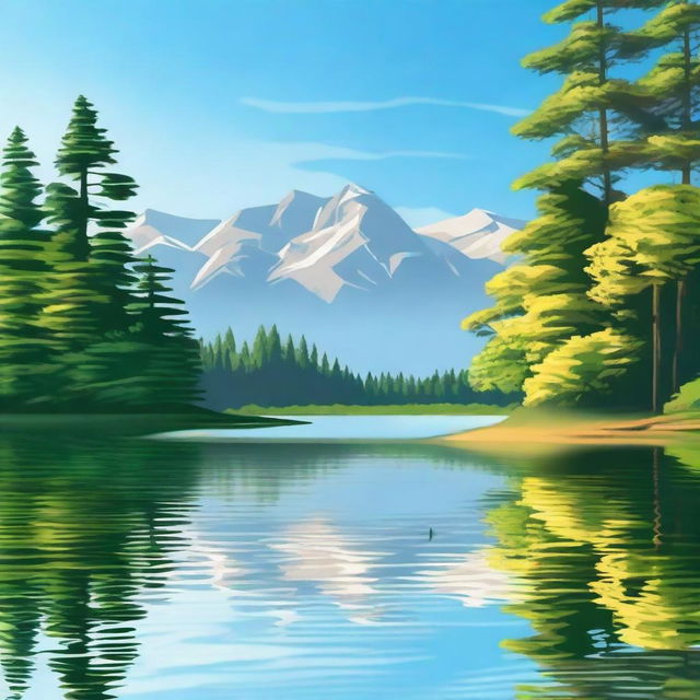 Create an image featuring a beautiful landscape with a serene lake, surrounded by lush trees and mountains in the background under a clear blue sky