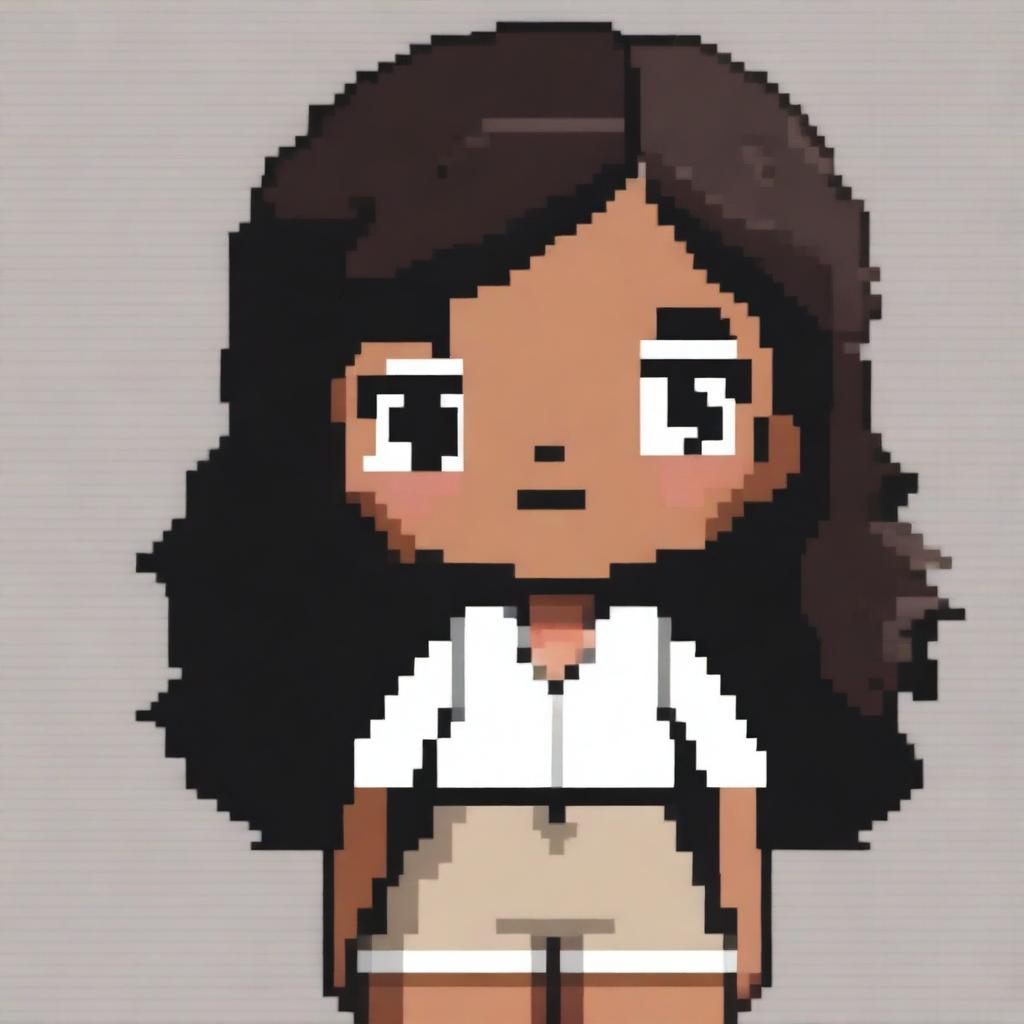 Draw a small, cute girl who looks more like a young child with dark skin, black eyes, a short white shirt that ends above her belly, light brown shorts, and black hair in a very simple pixel art style with significantly less than 30x30 pixels