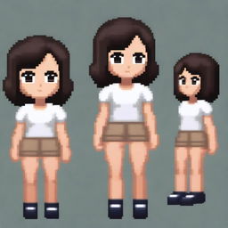 Draw a small, cute girl who looks more like a young child with dark skin, black eyes, a short white shirt that ends above her belly, light brown shorts, and black hair in a very simple pixel art style with significantly less than 30x30 pixels