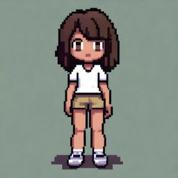 Draw a small, cute girl who looks more like a young child with dark skin, black eyes, a short white shirt that ends above her belly, light brown shorts, and black hair in a very simple pixel art style with significantly less than 30x30 pixels