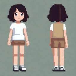 Draw a small, cute girl who looks more like a young child with dark skin, black eyes, a short white shirt that ends above her belly, light brown shorts, and black hair in a very simple pixel art style with significantly less than 30x30 pixels