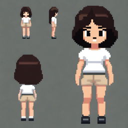 Draw a small, cute girl who looks more like a young child with dark skin, black eyes, a very short white shirt that clearly shows her belly, light brown shorts, and black hair in a very simple pixel art style with significantly less than 30x30 pixels