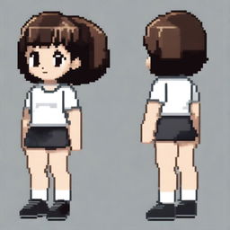 Draw a small, cute girl who looks more like a young child with dark skin, black eyes, a very short white shirt that clearly shows her belly, light brown shorts, and black hair in a very simple pixel art style with significantly less than 30x30 pixels