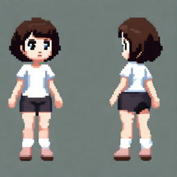 Draw a small, cute girl who looks more like a young child with dark skin, black eyes, a very short white shirt that clearly shows her belly, light brown shorts, and black hair in a very simple pixel art style with significantly less than 30x30 pixels