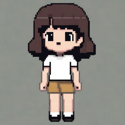 Draw a small, cute girl who looks more like a young child with dark skin, black eyes, a very short white shirt that clearly shows her belly, light brown shorts, and black hair in a very simple pixel art style with significantly less than 30x30 pixels