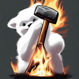 A detailed image of a white furry hand picking up a flaming hammer