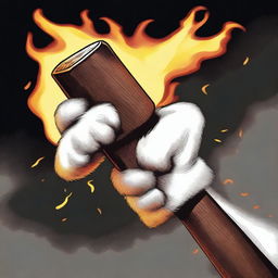 A detailed image of a white furry hand picking up a flaming hammer