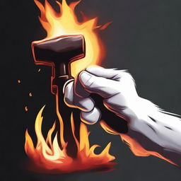 A detailed image of a white furry hand picking up a flaming hammer