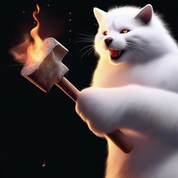 A detailed image of a white furry hand picking up a flaming hammer