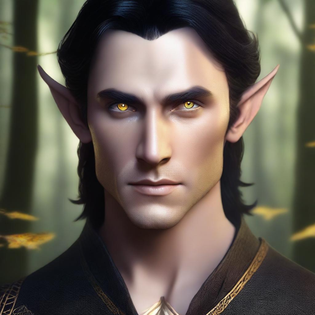 A very attractive half-elf man with sharp features, dark hair, and amber eyes