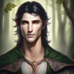 A very attractive half-elf man with sharp features, dark hair, and amber eyes