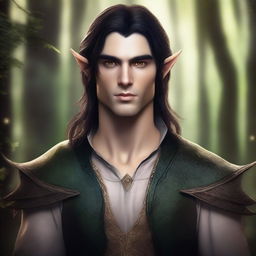 A very attractive half-elf man with sharp features, dark hair, and amber eyes