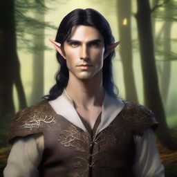 A very attractive half-elf man with sharp features, dark hair, and amber eyes