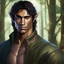 A very attractive half-elf man with sharp features, dark hair, amber eyes, and dark skin